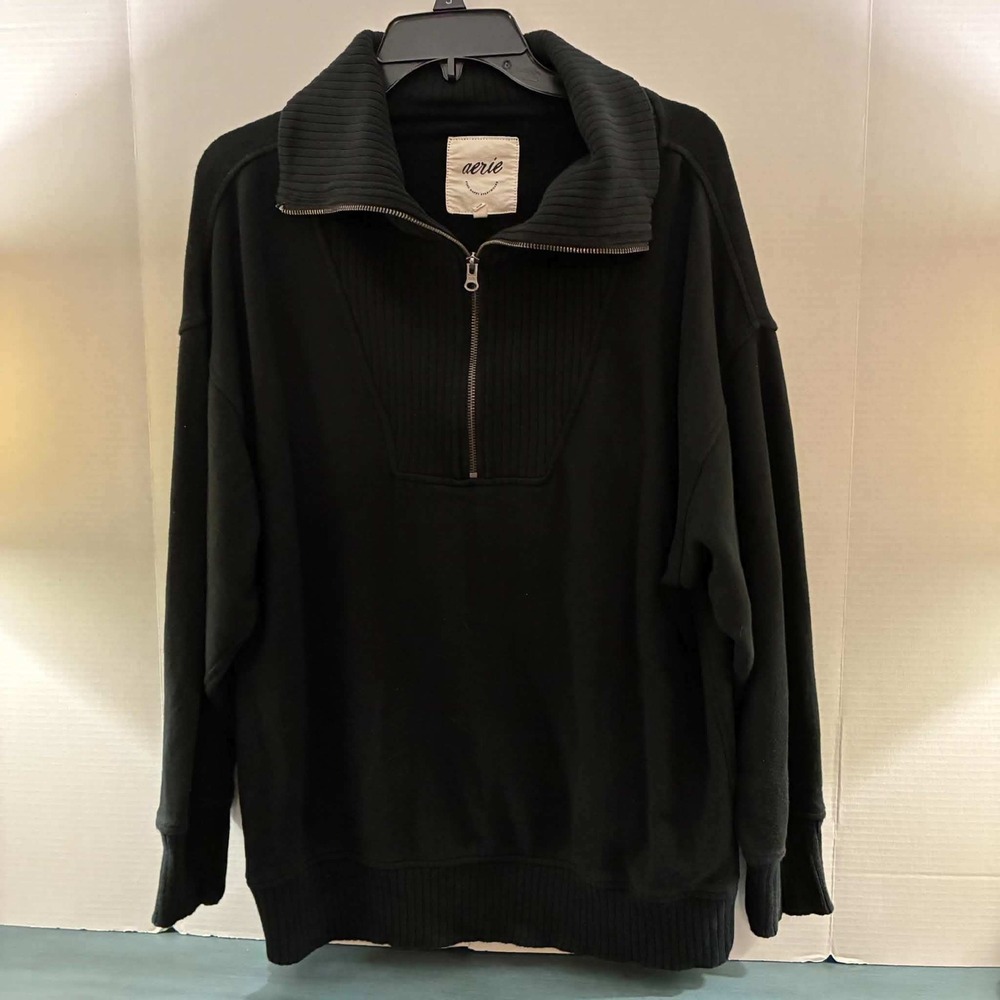 Aerie Quarter Zip Sweatshirt Womens M Black Fleece Ribbed Trim Athleisure Cozy